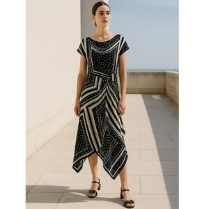 CO Collections Silk Maxi Dress Black White Geometric Print Handkerchief Hem NWT
